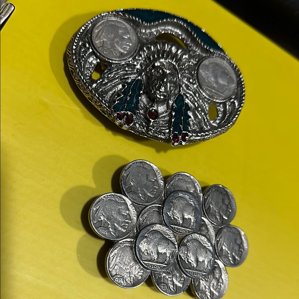 Native American Belt Buckles with buffalo nickels.